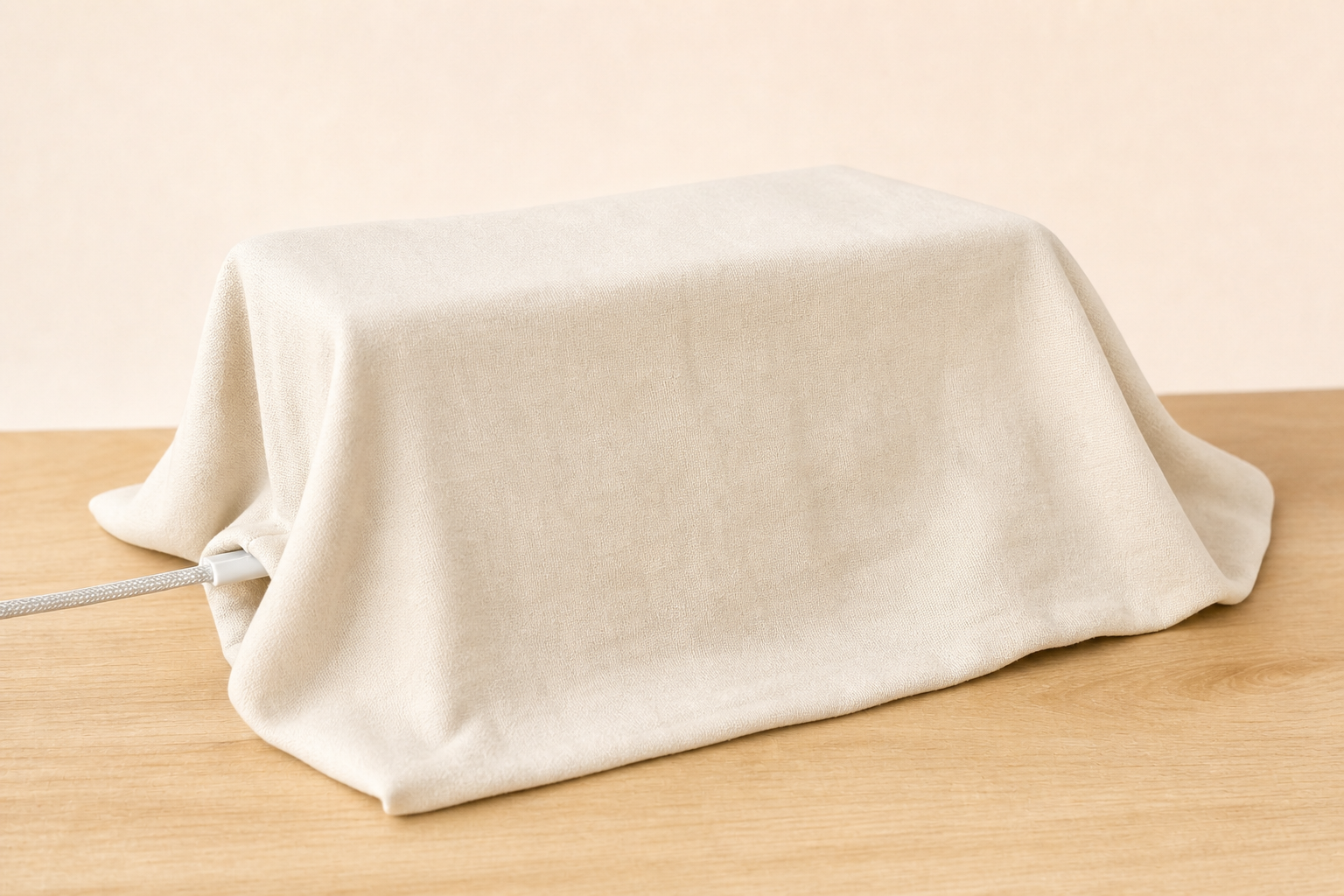 Socket Guardian prototype concealed beneath a cloth, with its USB-C cable visible
